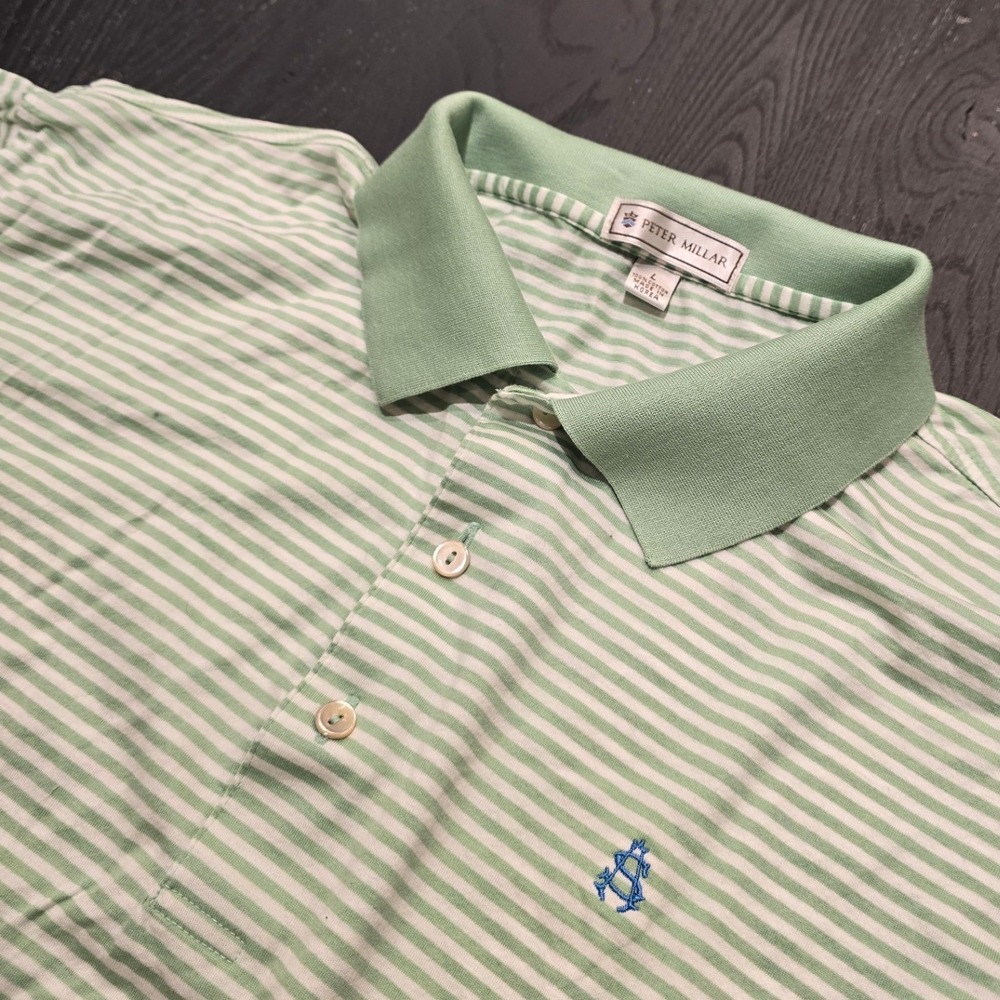 Peter Millar Mens Large Green White Striped Cotton Short Sleeve Polo Shirt Golf‎